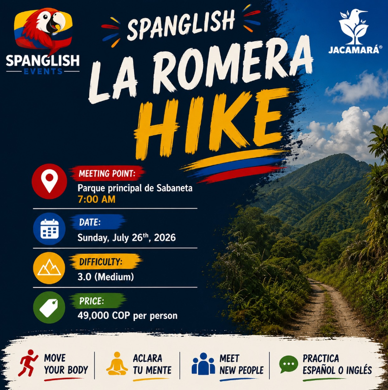 Spanglish Hike La Romera updated event poster with schedule and hiking details